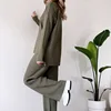 Two Pieces Women Pant Sets Solid Turtleneck Tops Pullover Wide Leg Ankle Length Pants Matching Sets Pockets Sports Casual 3