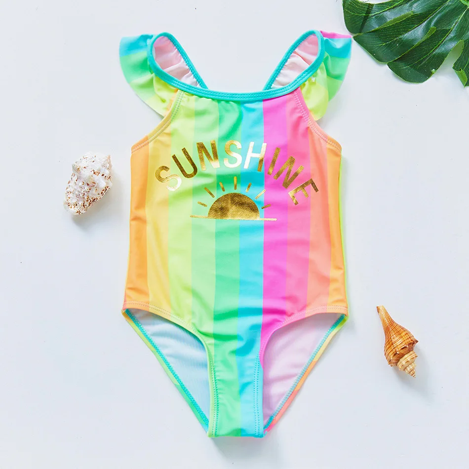 2~8Y Girls Swimsuit One Piece Girls Swimwear Rainbow Print Children Swimwear Girls Swimming Outfit Kids Beauty Beachwear