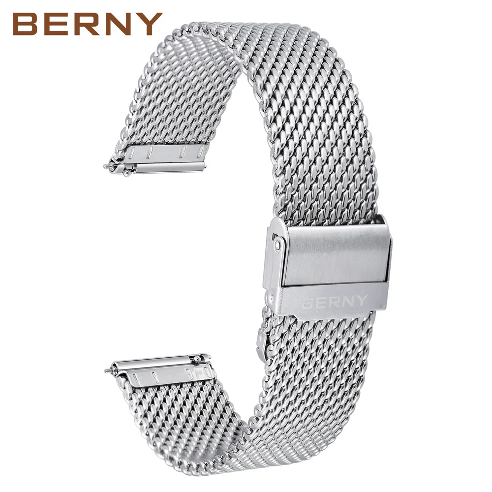 BERNY Stainless Steel Watch Band Quick Release Strap  Metal Mesh Milanese Use for Replacement Easy Resize Watch Clasp Waterpoof
