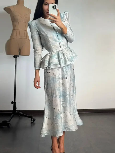 Elegant Print Skirts Set Women With Belt O-neck Puff Sleeve Single Breast Top Slim Hip Package Midi Skirt 2025 Office Lady Suit 5