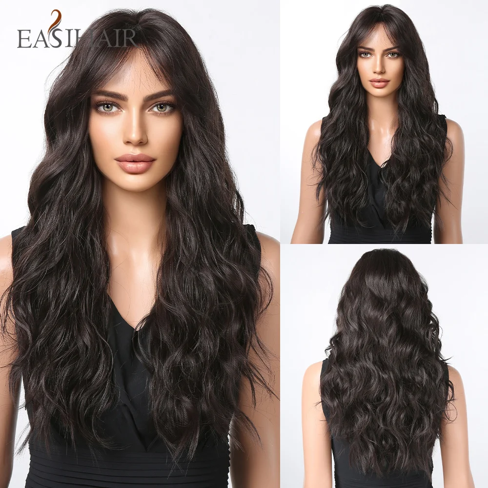 

EASIHAIR Dark Brown Black Curly Wavy Synthetic Wigs with Bangs Long Water Wave Hair Wigs for Women Daily Cosplay Heat Resistant