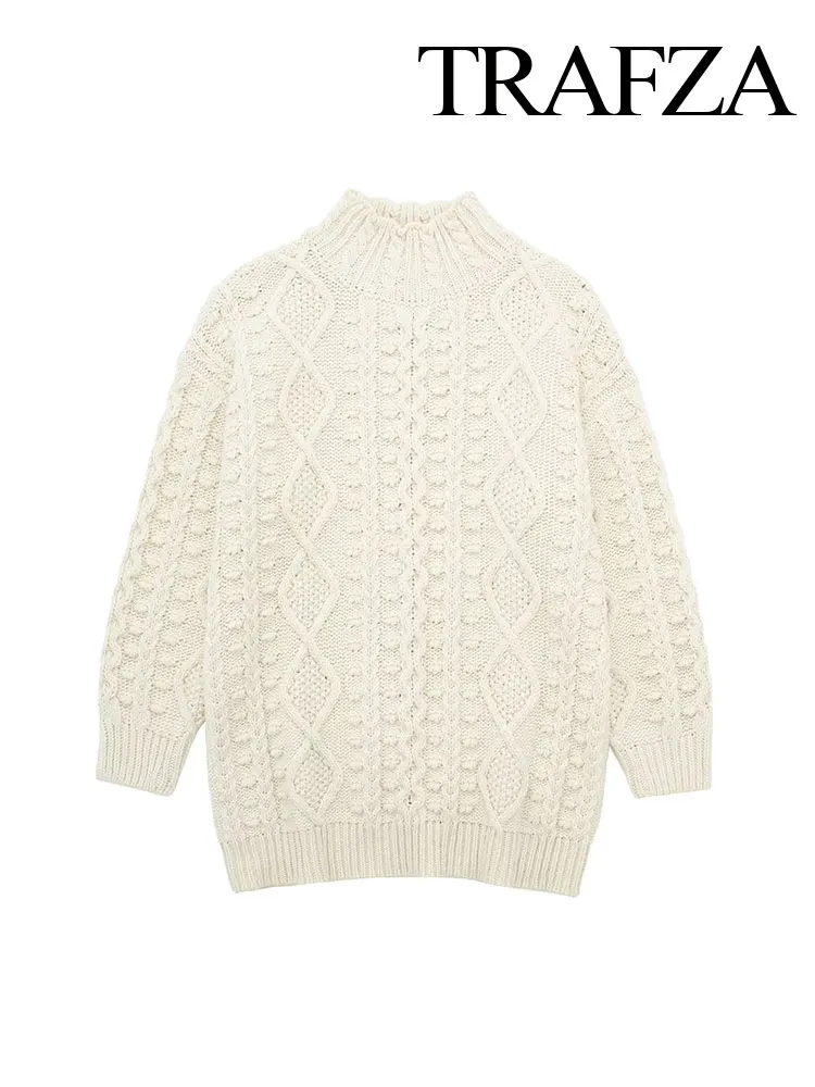 

TRAFZA Women's Winter Fashion Round Neck Long Sleeve Slim Fit Pullover Cropped Top Women's Cable Textured Loose Beige Sweater