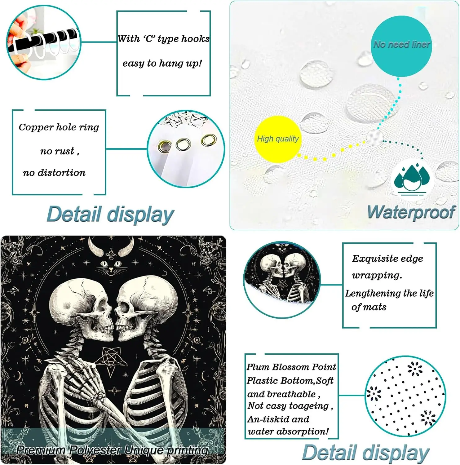 욕실용 할로윈 커튼, 4피스 고딕 해골 블랙 샤워 커튼 및 러그 욕실 장식 세트, 해골 커플 할로윈