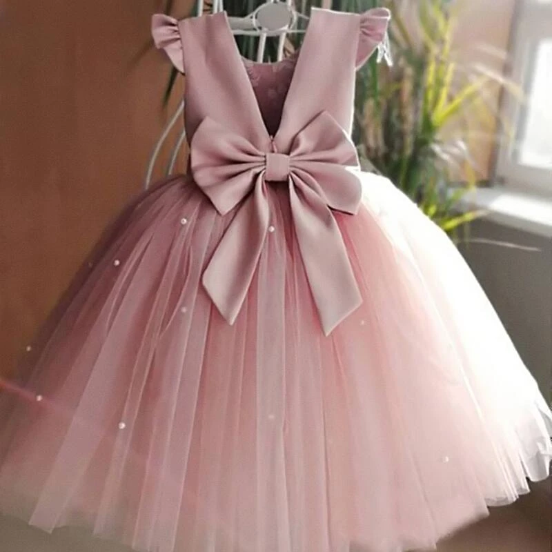 Vestido de tul con lazo y espalda descubierta para niña, ropa de fiesta para niños, vestido de princesa rosa, de boda con lazo, vestido de cumpleaños de flores de niño niña| | -