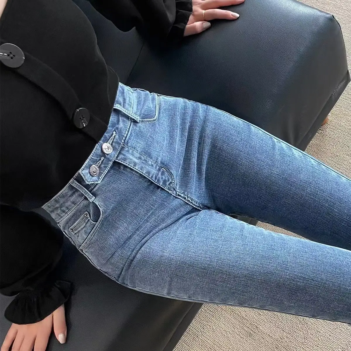 

New Jeans for Women Jeans Tide Stylish Woman High Elastic Waist Stretch Jeans Female Washed Denim Skinny Pencil Pants T19