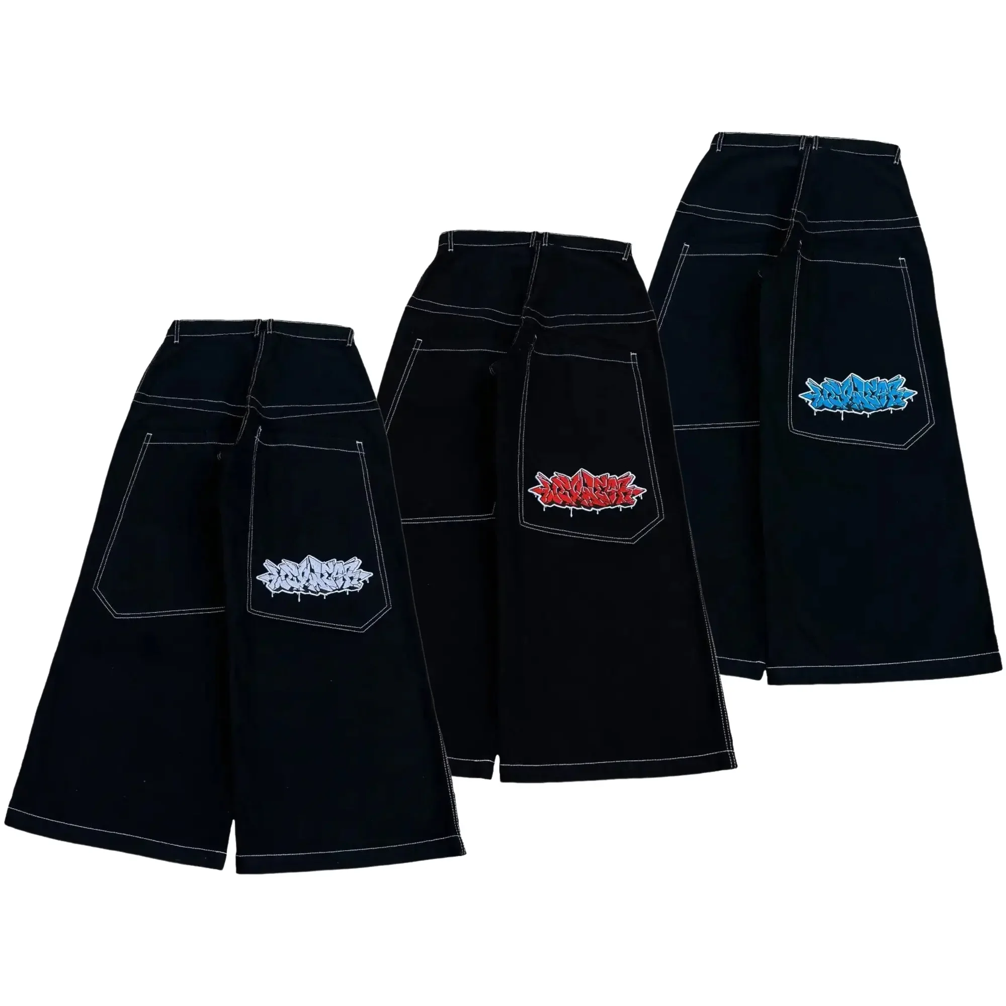 Vintage 2000s Wexwear Black Pants Men Women Hip Hop Embroidered Y2k Baggy Jeans Streetwear Harajuku High Waist Wide Trouser 2