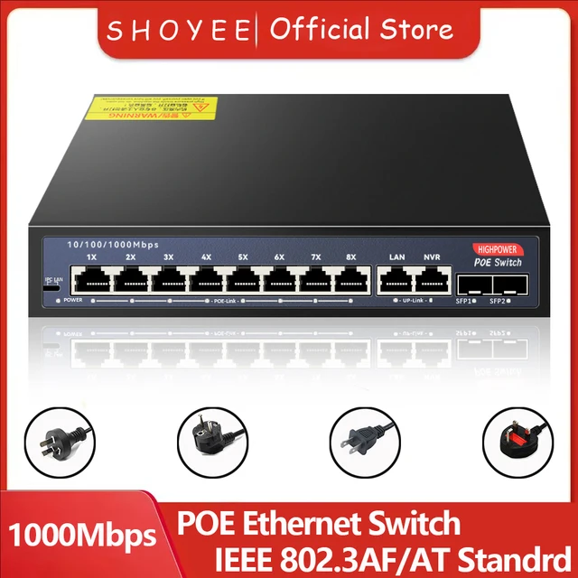 12-Port Gigabit POE RJ45 Ethernet Switch 52V SFP with for 802.3af/at Uplink Unmanaged Plug and Play,for IP Camera/NVR