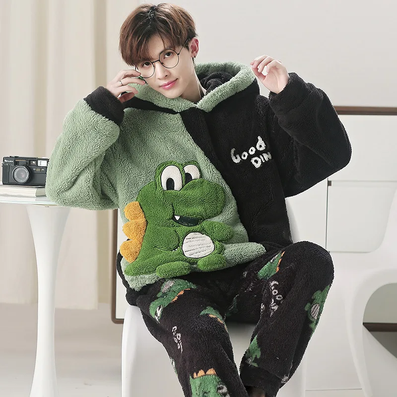 Autumn Winter Men's Coral Velvet Cartoon Pajamas Oversized Plush Thickened Warm Home Clothing Set Flannel Hooded Sleepwear