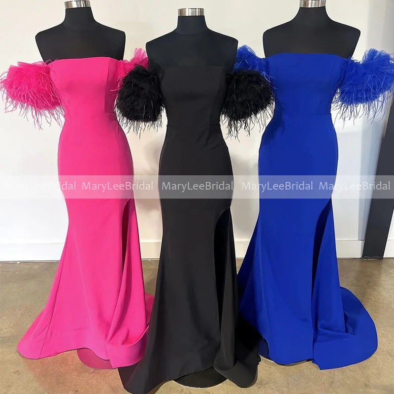 

Strapless Mermaid Royal Blue Bridesmaid Dresses with Short Sleeves Ostrich Feathers Sexy High Slit Fuchsia Bridal Party Gowns