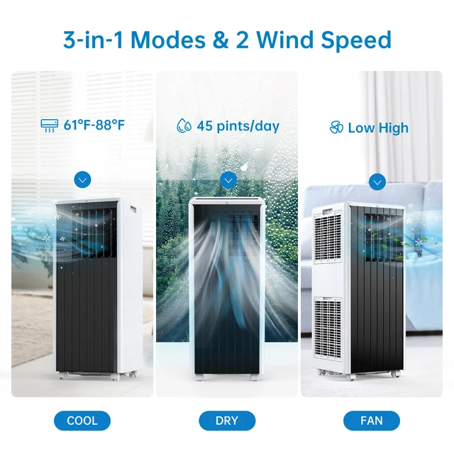 Portable Air Conditioners 8000 BTU, 3-In-1 AC Cooling Unit, 2 Speeds, 24H Timer, Low noise, Quick installation For Room Office 2
