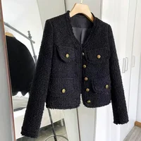 Blacktweed Style Cropped Jacket 2024 New Spring Autumn Thin Elegant Socialite Long Sleeve Top Coarse Tweed Regular Fit Crew Neck