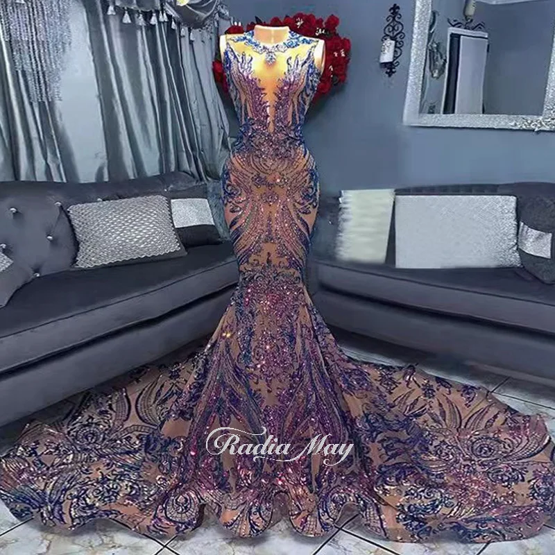 rose gold prom dress Radia May Sparkly Purple Mermaid Prom Dresses for Black Girks 2022 Luxury Long Train African Graduation Evening Party Gown RM061 blue prom dresses Prom Dresses