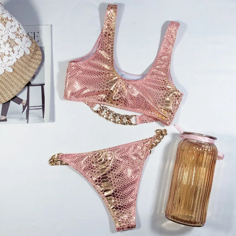 Women's Party Rave Metalic Bikini Set Shiny Snakeskin Print Bathing Suit Swimsuits Festivals
