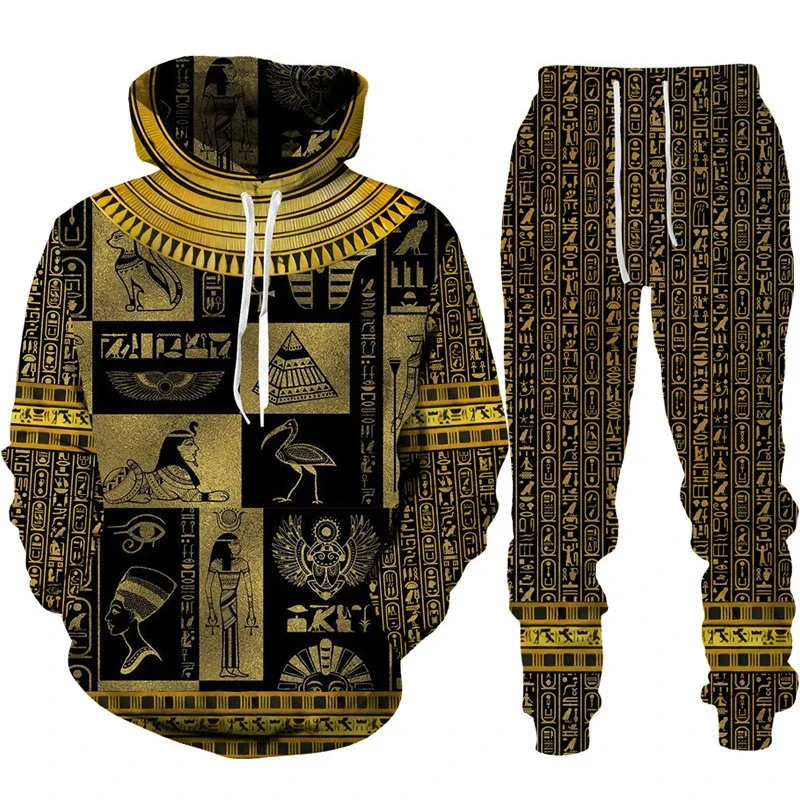 Men Hoodie Sets 3D Print Ancient Horus Egyptian God Eye of Egypt Pharaoh  Casual Loose Men's Hoodie+Pants Streetwear Jogging Set 4