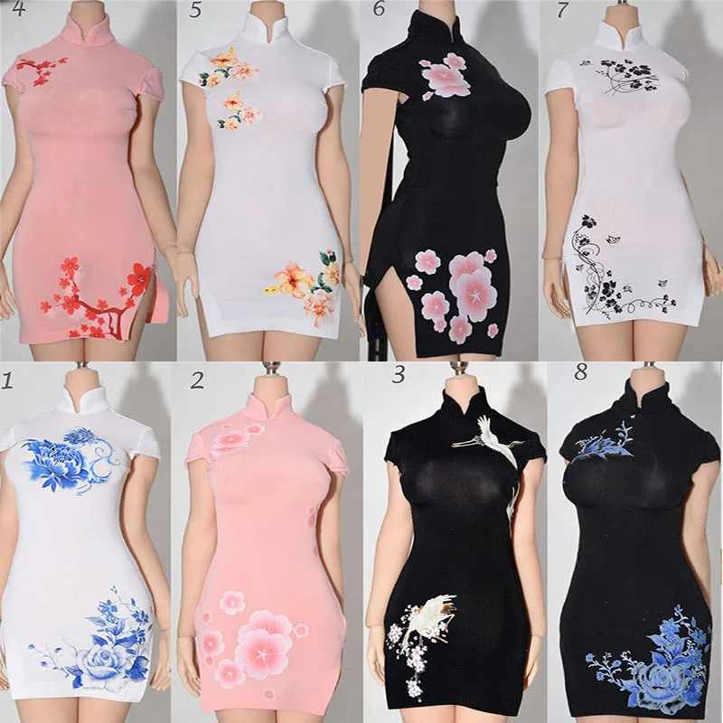 

1/6 Scale Sexy Female Figure Accessory Ice Silk High Collar Tight Cheongsam Dress Skirt for 12 inches S38/39/35/34/42/43 Body