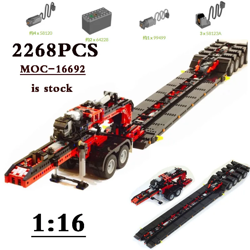 

Классический строительный блок MOC-Custom SLT RC Low Boy Trailer MOC16692, грузовик-трейлер для транспортировки нагрузки, 2268 шт., собранная Игрушечная модель