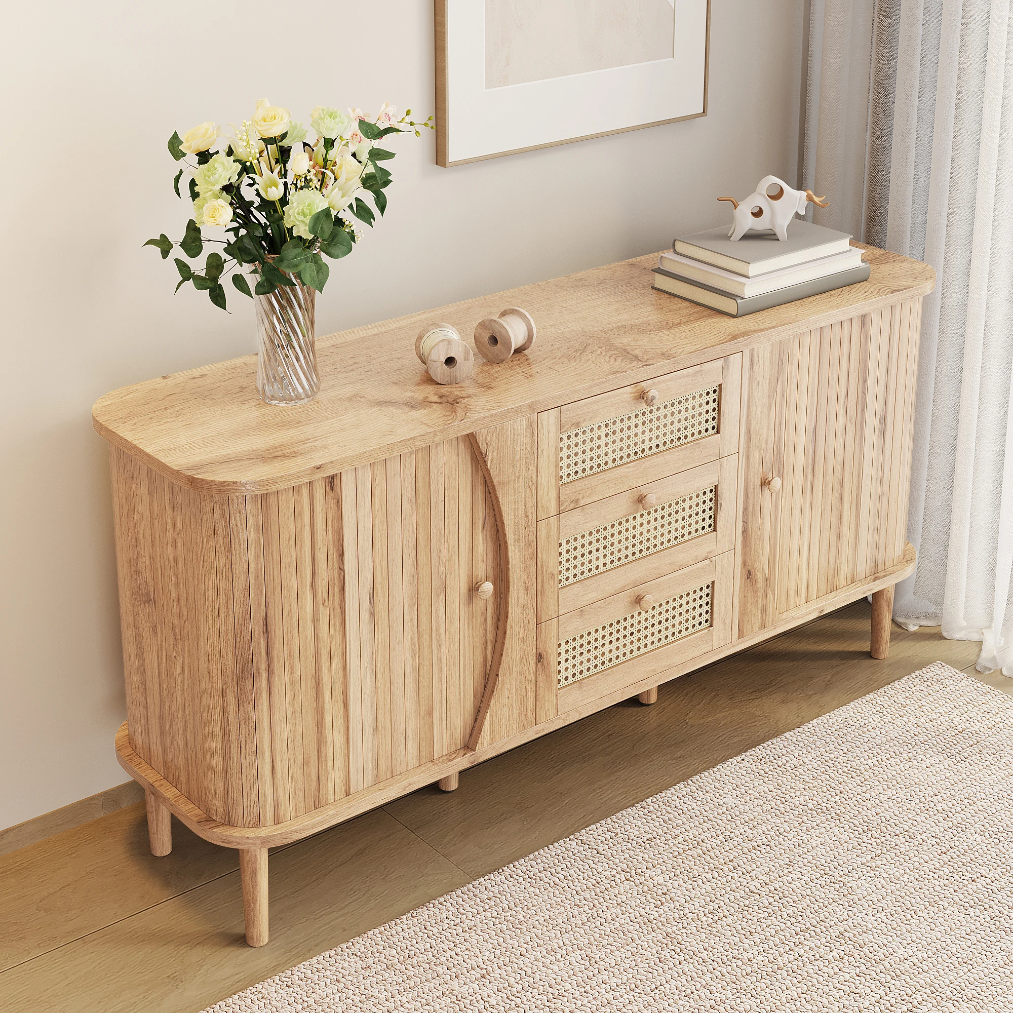 PINGGO Rattan-Kommode mit Schiebetüren, verstellbaren Einsätzen und abgerundeter Platte, Sideboard zur Aufbewahrung im Schlafzimmer – Detail 7