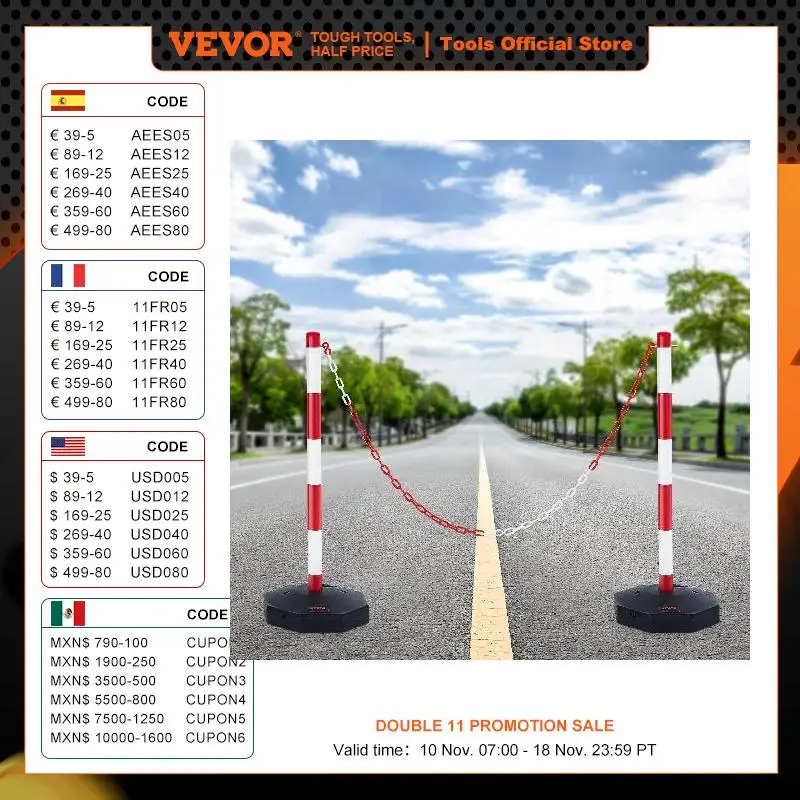 VEVOR Adjustable Traffic Delineator Post Cones 2/4/6 Pack Delineator Barrier with Fillable Base 8FT Chain for Traffic Control
