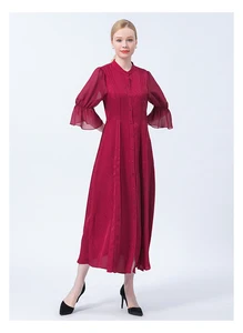 Шелковое жаккардовое платье-рубашка AE1017, элегантное красное платье-рубашка с воротником-стойкой и однорядной пряжкой, с рукавами-фонариками и рогами, подарок на свадьбу, годовщину