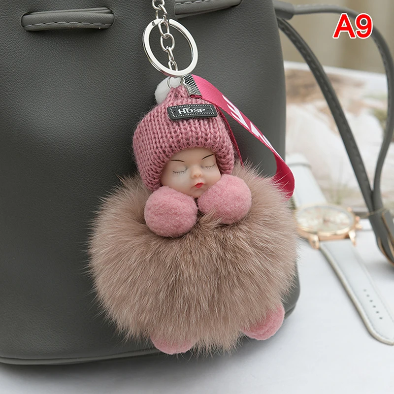 Pompom Sleeping Baby Keychain Cute Fluffy Plush Doll Keyholder Women Girl Bags Keyrings Cars Key Ring Gift Charming Decoration