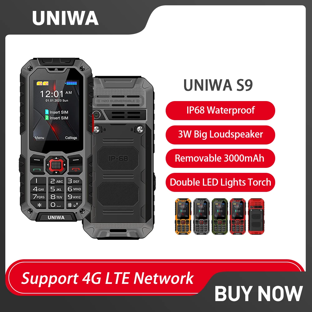 

Прочный телефон UNIWA S9, 4G, 3 Вт, большой громкоговоритель, водонепроницаемость IP68, светодиодный, 3000 мАч, кнопка SOS, 2,4 дюйма, мини-сотовый телефон в продаже