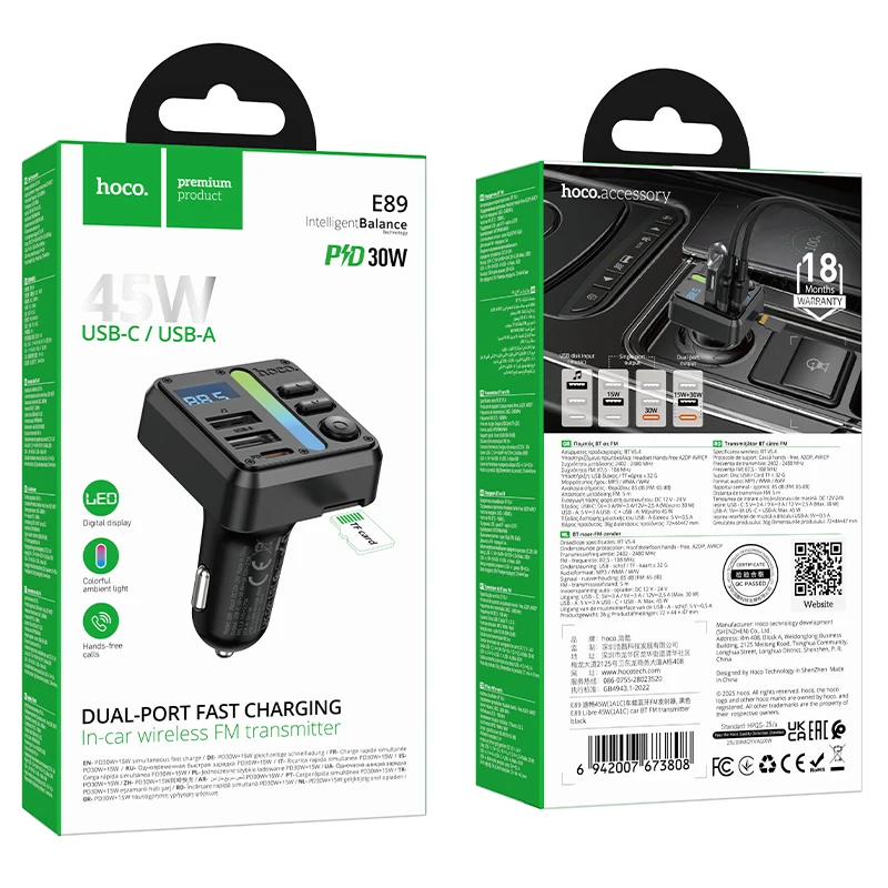 HOCO 45W 고속 충전 차량용 블루투스 FM 트랜스미터 핸즈프리 PD 타입-C USB A 엠비언트 플레이어 MP3 오디오 충전기 TF 카드 지원