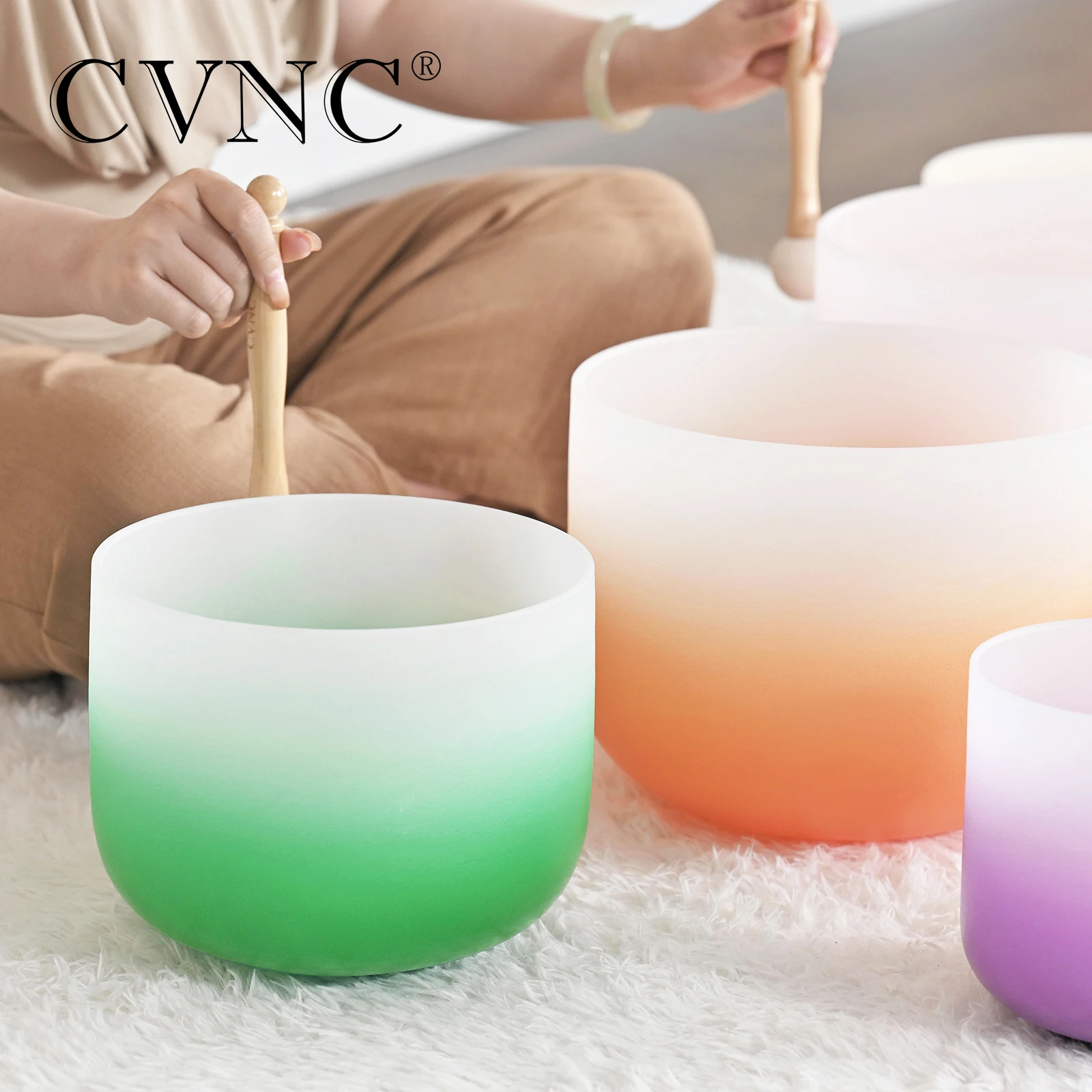 CVNC 6-12" Half Color Aria Gradient Design Frosted Quartz Crystal Singing Bowl Chakra set 7pcs for Sound Healing with Bags