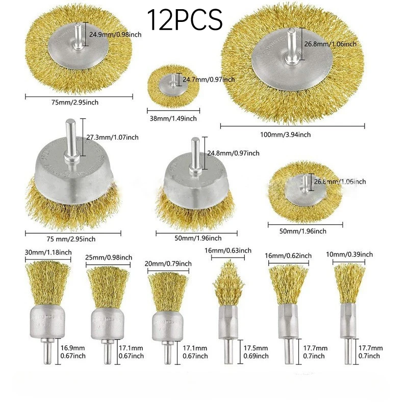Steel Wire Brush Brass Plated Wheels - Rust Removal & Polishing Tool Set