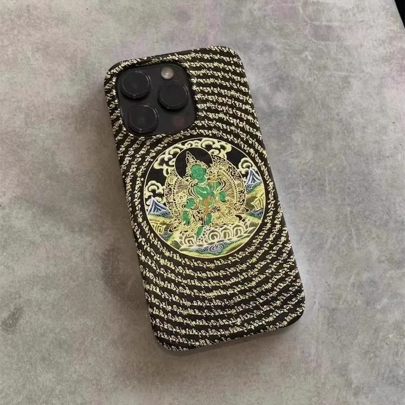 Tibetan Buddhist Cultural Green Tara Pattern Black Background Phone Case for iPhone 16 15 14 11 12 13 Pro Max Plus Back Cover 1