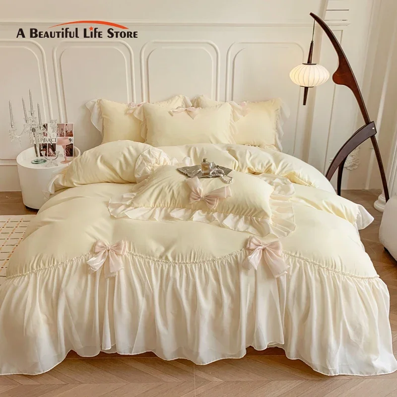 

French Princess Wedding Lace Ruffles Bedding Set, Cozy Duvet Cover, Bed Sheet, Pillowcase, Yellow, Blue, Pink, Bow, Romantic