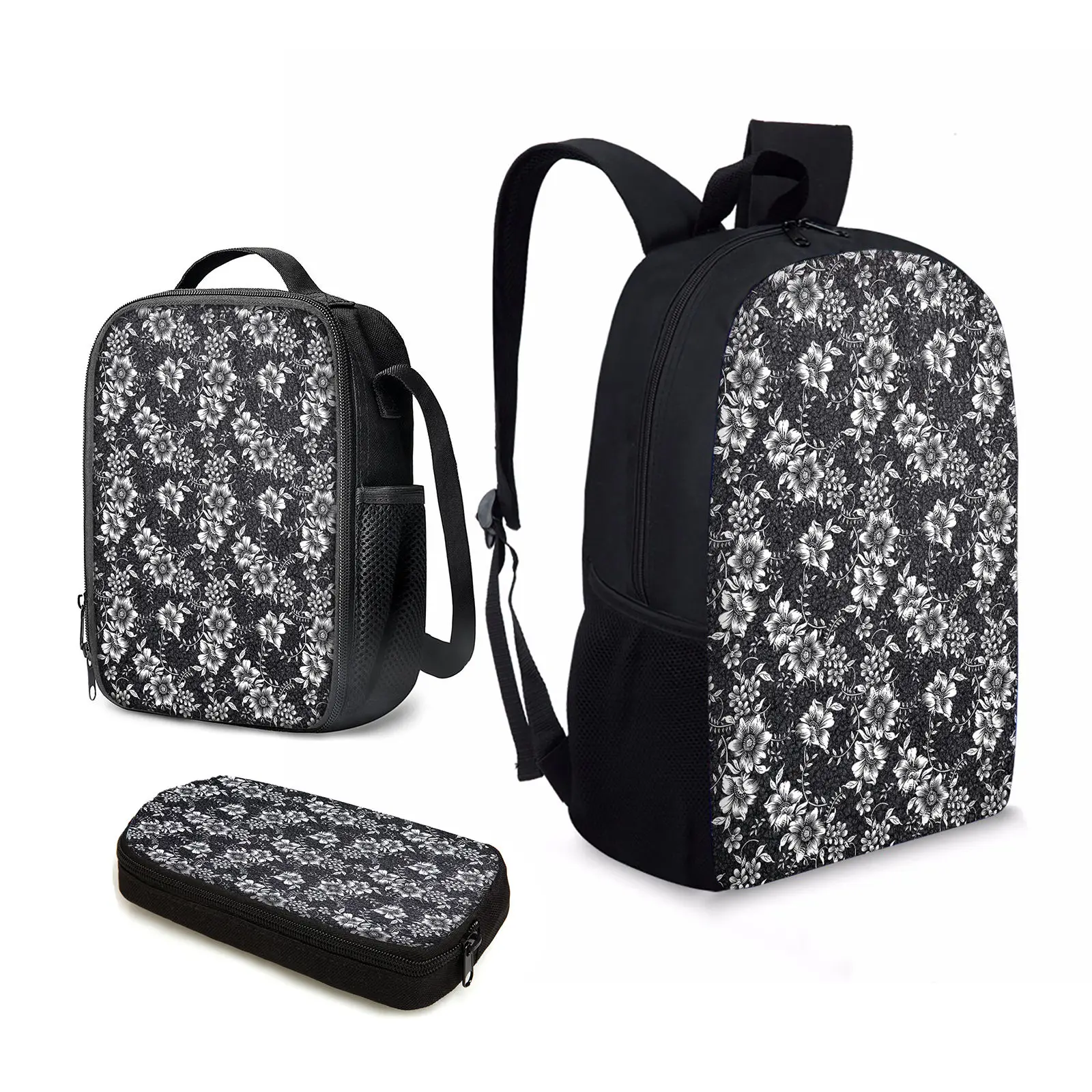 

YIKELUO Gray Floral Printed Chain Waterproof Travel Bag With Zipper Large Capacity Laptop Knapsack For Teenagers Backpack