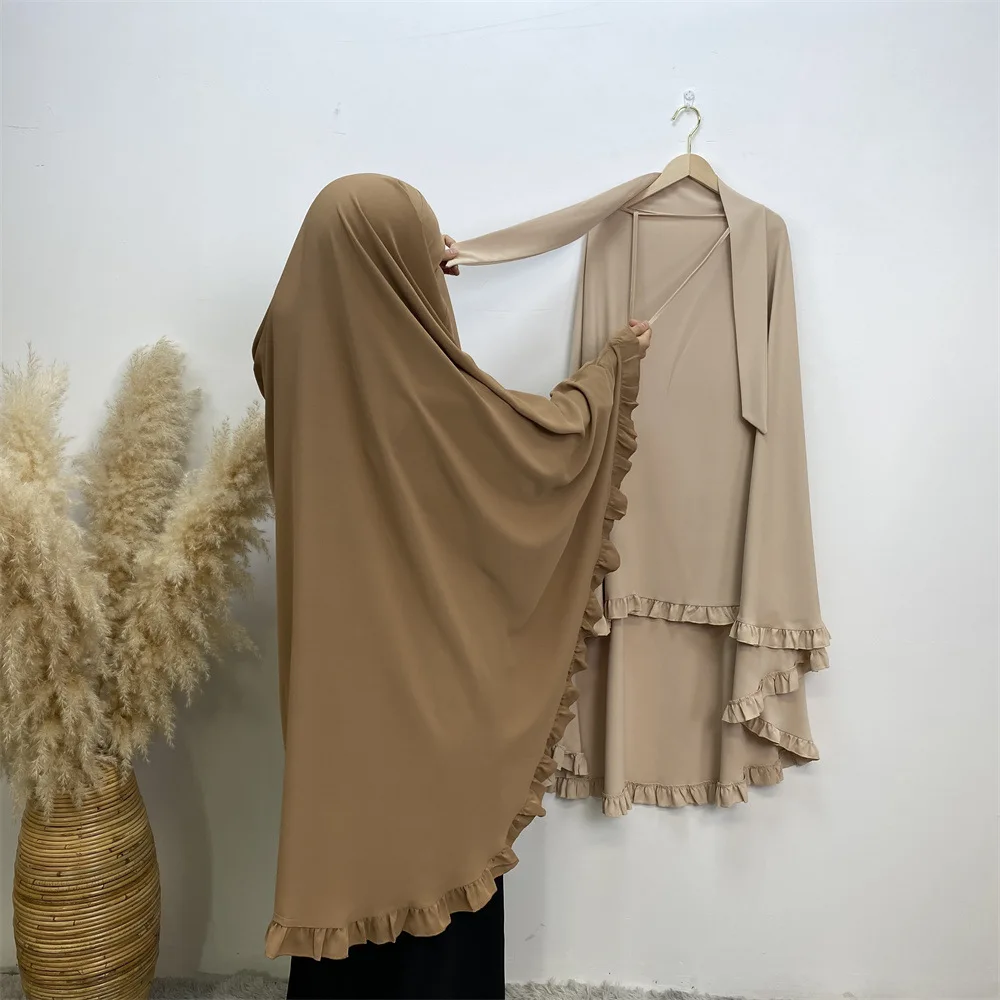 

Women Eid Muslim Hijabs Solid Ruffles Arab Dubai Modest Spliced Plain Hijabs Loose Kaftan Ramadan Morocco Islam Suumer 2024
