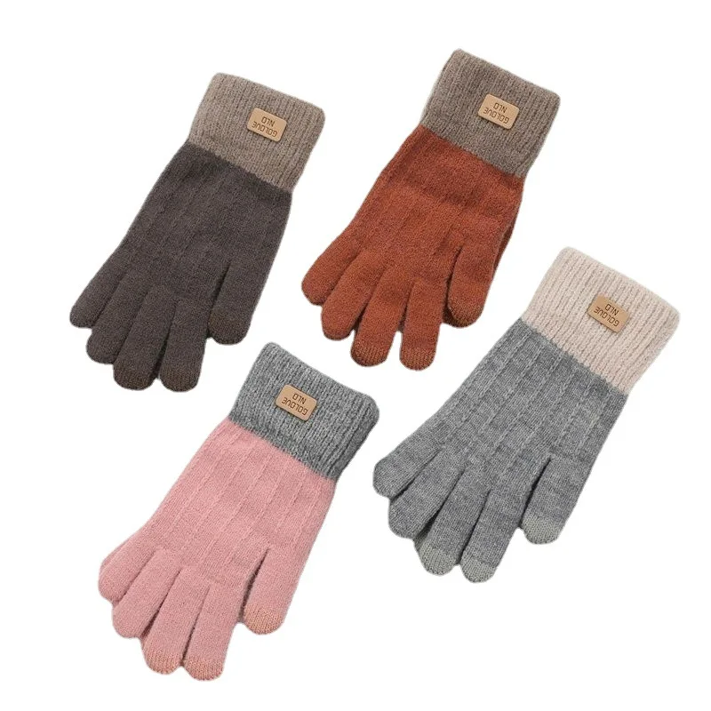 Gloves for Women In Winter Warm Imitation Cashmere Touch Screen Cute Student with Thick Velvet Knitted Five Finger Gloves - 5