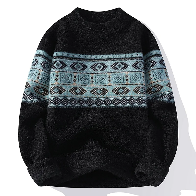 Autumn Winter Men's Fashion Jacquard Knitwear Handsome Warm Sweater Round Neck Long Sleeve Color Matching Loose Bottoming Shirt