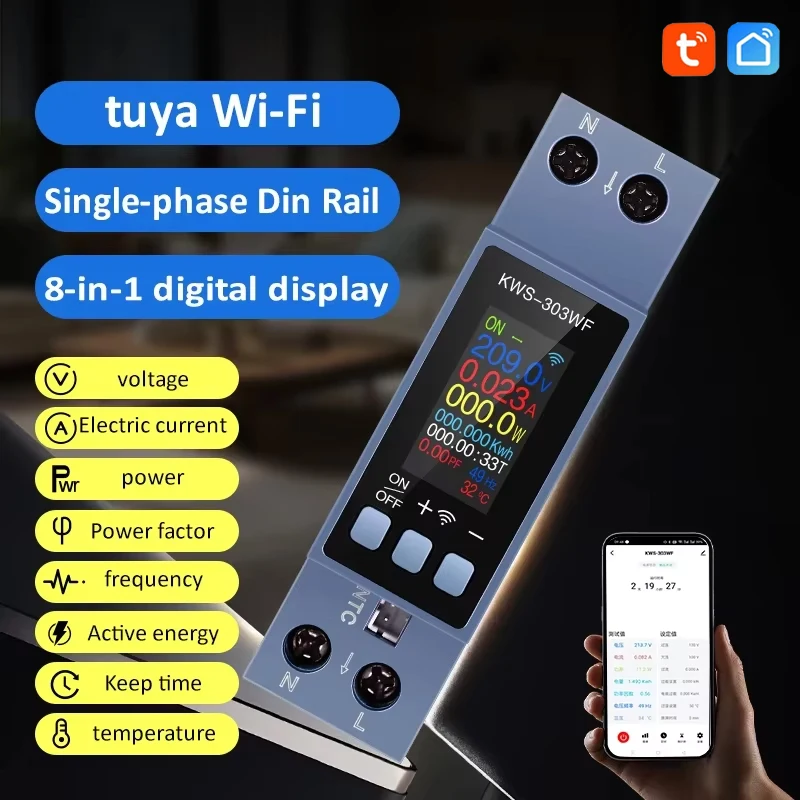 KWS-303WF 투야 와이파이 전력계 앱 제어 8 in 1 에너지 미터 85-290V/40A 전압 및 전류 측정기 전기 미터
