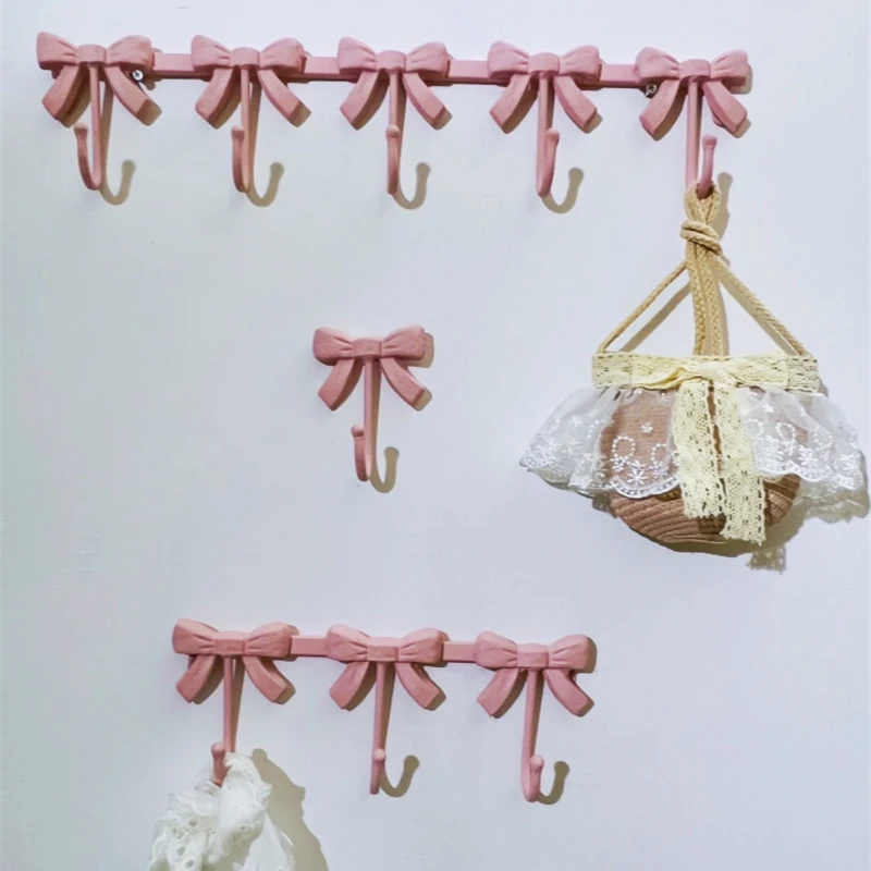 Pink Bow Wall Coat Racks Hanging Clothes Bag Long Strip Hook Entrance Door Keys Holder White Bathroom Wall Hangers Room Decor 2