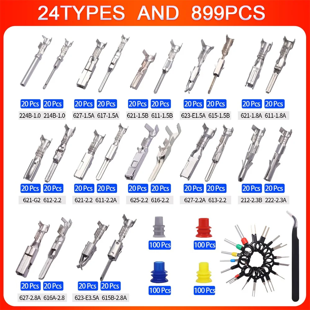 899-teiliges 24-Typ-Kfz-Stiftverbinder-Set, 1/1,5/1,8/2,2/2,3/2,8/3,5 mm männliche und weibliche Drahtstifte, nicht isolierter Drahtanschlussstift – Detail 2