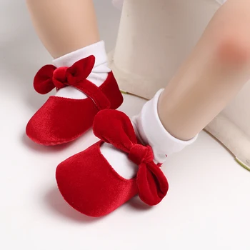0-18M Newborn Infant Baby Girls Shoes Velvet Red Christmas 0-18M Princess Girl Baby Shoes Bow First Walkers 1