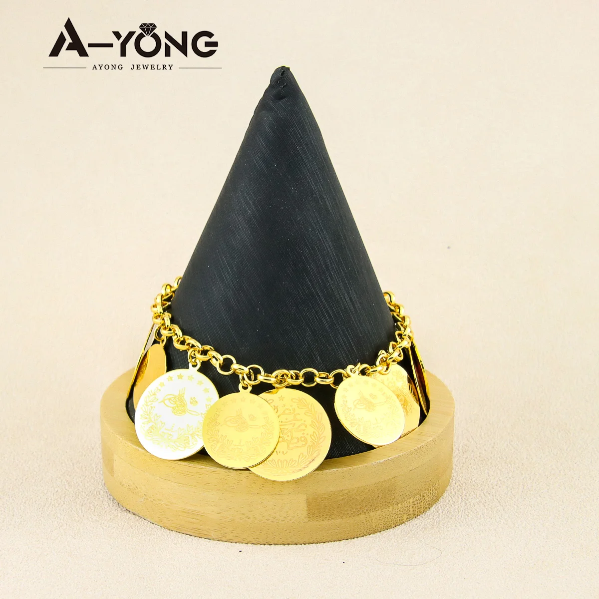 Arabische Goldmünzen-Anhänger-Armband, 18 Karat vergoldet, türkische Mode-Armreifen, Oman, muslimische islamische Frau, Party-Event, Schmuck, Geschenke – Detail 5