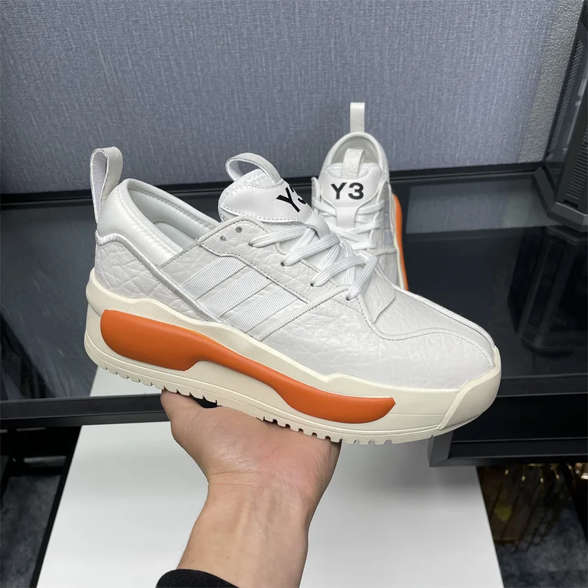 

Fashion Y3 Cowhide Platform Sneakers Casual Leather Men's Shoes Added Height White Orange Patchwork Sole