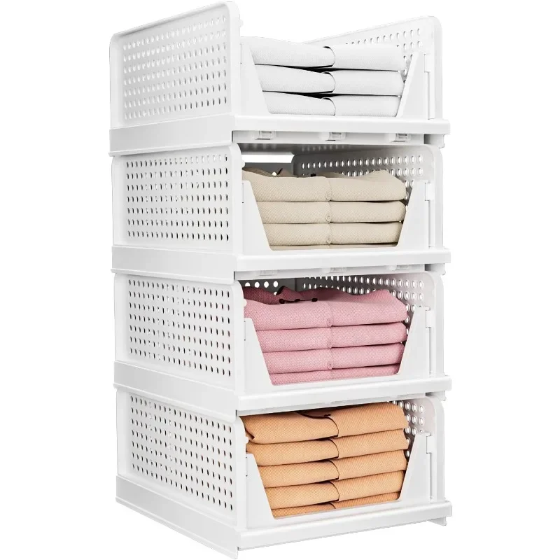 

CTSNSLH 4 Pack Folding Closet Organizers Storage Box, Stackable Plastic Drawer Basket for Clothing,16"D X 13"W X 6.65"H