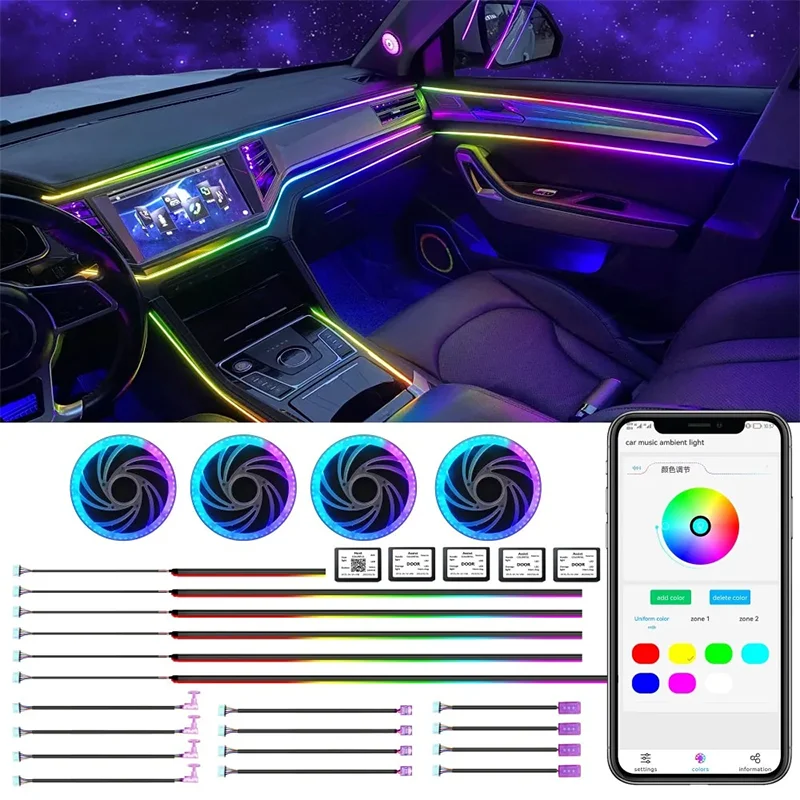 

Universal Style Colorful RGB Symphony Car Ambient Interior LED Universal Multiple Modes Decoration Atmosphere Lights App Control