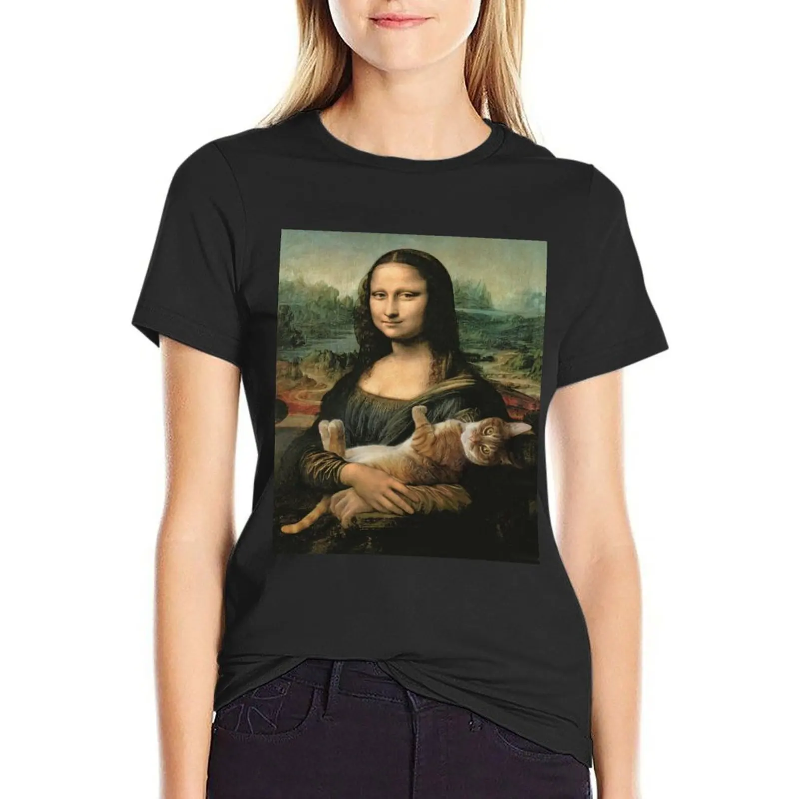 Mona Lisa by Leonardo Da Vinci feat. cat T-Shirt plus size tops aesthetic clothes t shirt dress Women