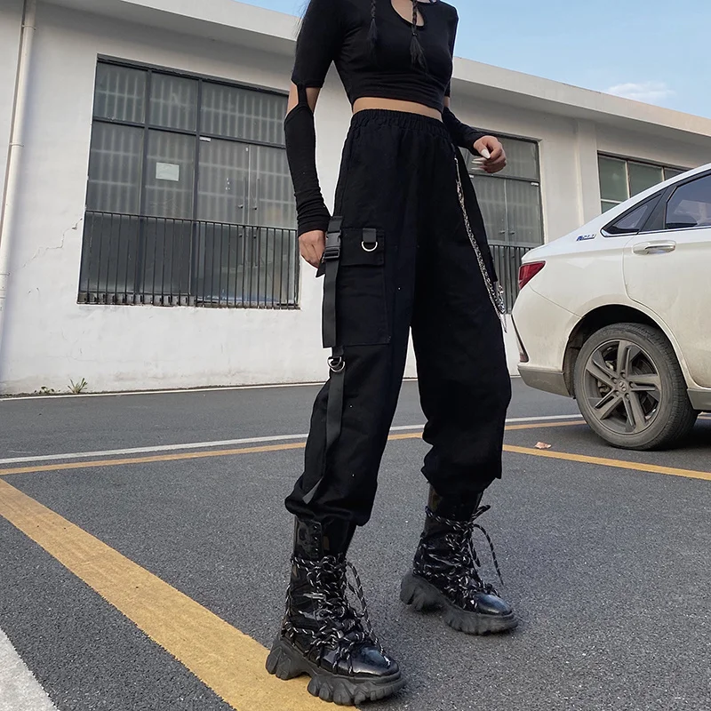 Punk Chain Cargo Pants Streetwear Hip Hop Pants High Elastic Waist Casual Fashion Harajuku Summer Tide Woman Pant capri leggings with pockets