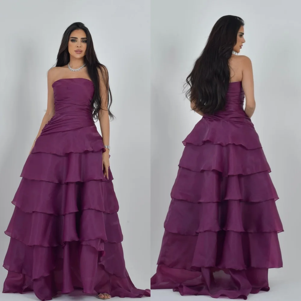 

Ball Dress Evening Saudi Arabia Organza Draped Tiered Pleat Evening A-line Strapless Bespoke Occasion Gown Long Dresses
