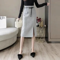 Grey Winter Office Skirts for Women Dressy Casual A-line Stretchy Bodycon High Waist Slit Elegant Party Midi Skirt with Belt