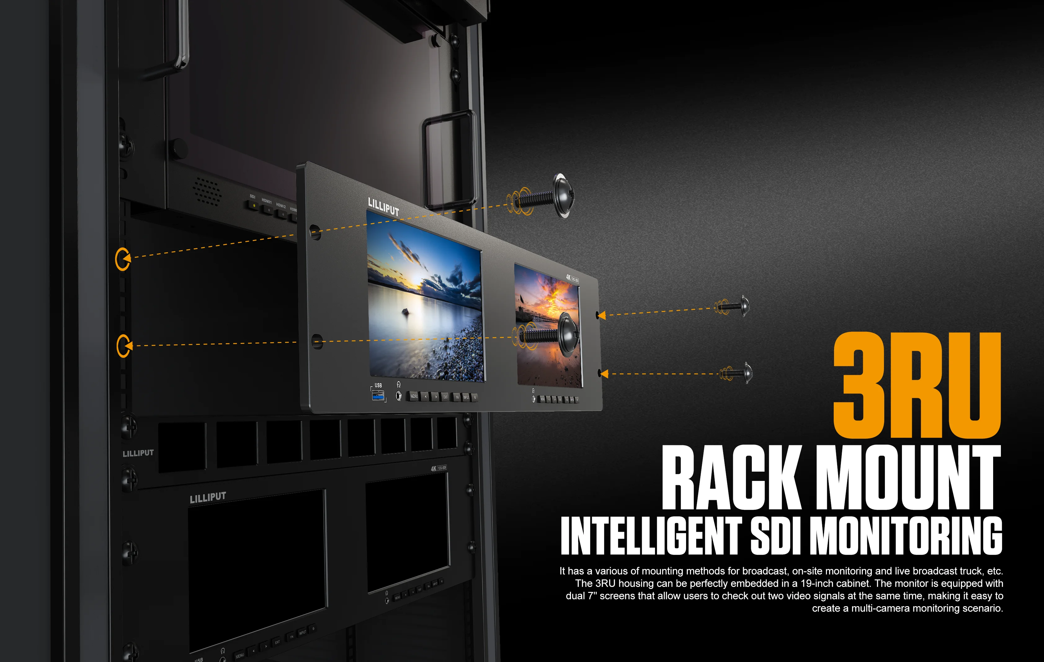 RM7026-12G Rackmount Monitor Dual 7-Inch 3RU 12G-SDI 4K 60Hz 1000 Nits HDR Broad