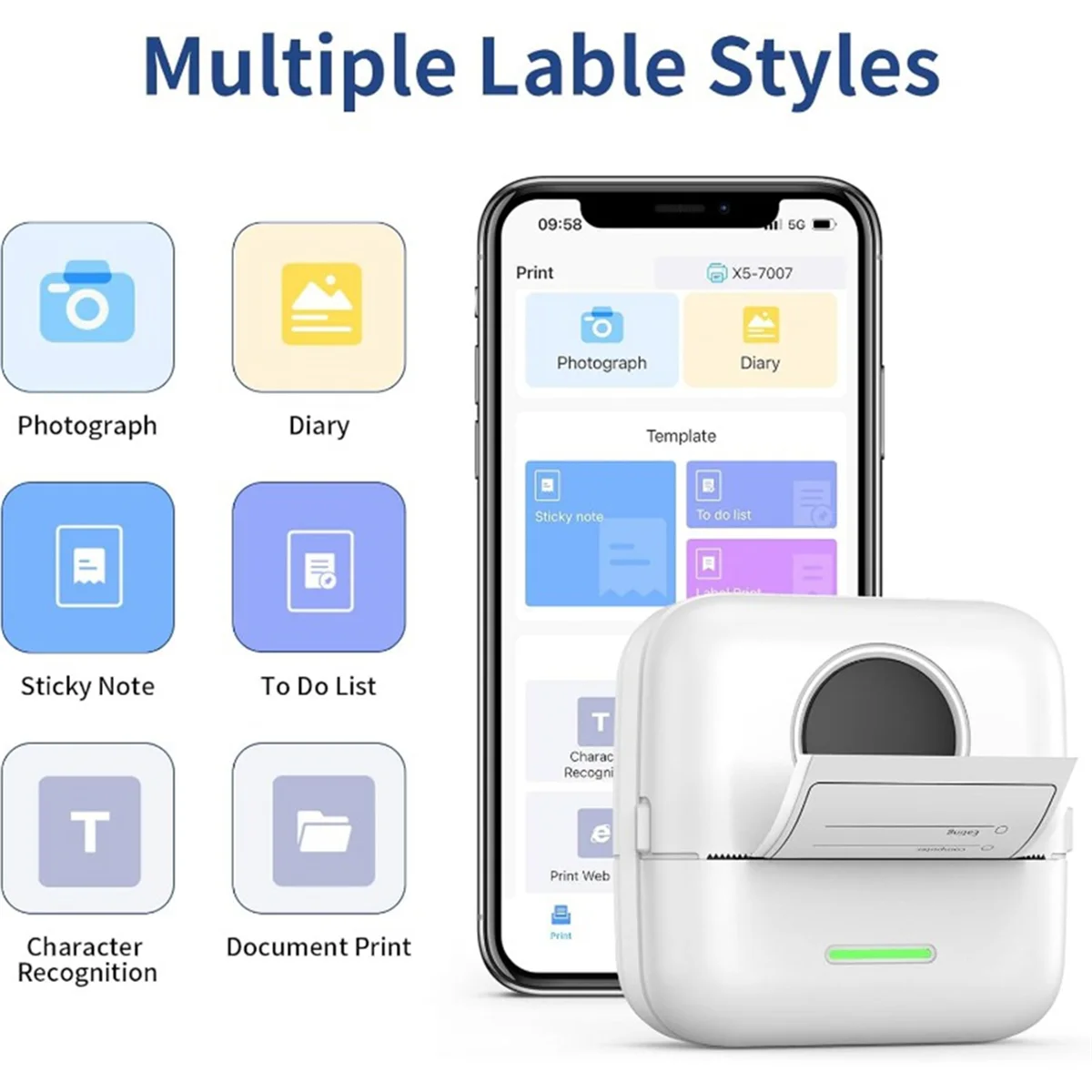 Mini Thermal Printer X5 Bluetooth Pocket Printer Portable Inkless Sticker for Study, Notes, Pictures, Photos