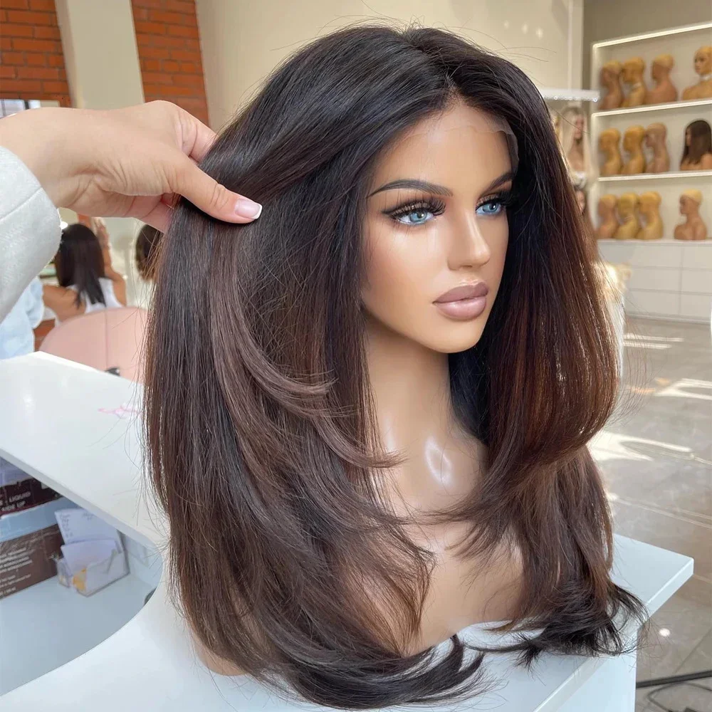 26inch 180%Density Ombre Brown Long 5x5 Silk Base Straight Jewish Human BabyHair HD Lace wig European Hair Preplucked Glueless