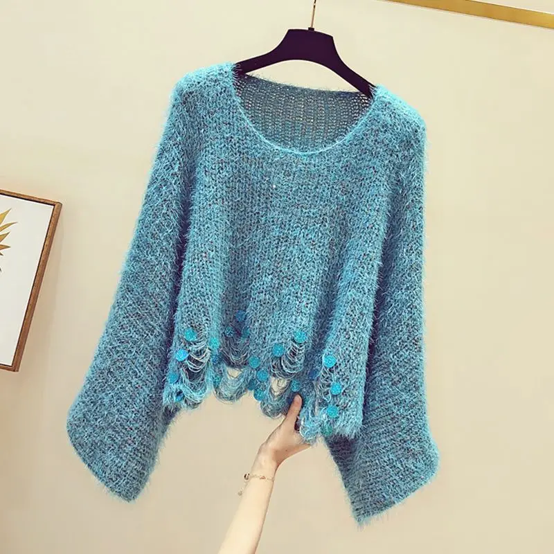 Spring Autumn Fashion Outfits 2023 Women's New Loose Hollow Show Thin Knitted Sweater Fish Tail Half Skirt Two Piece Set